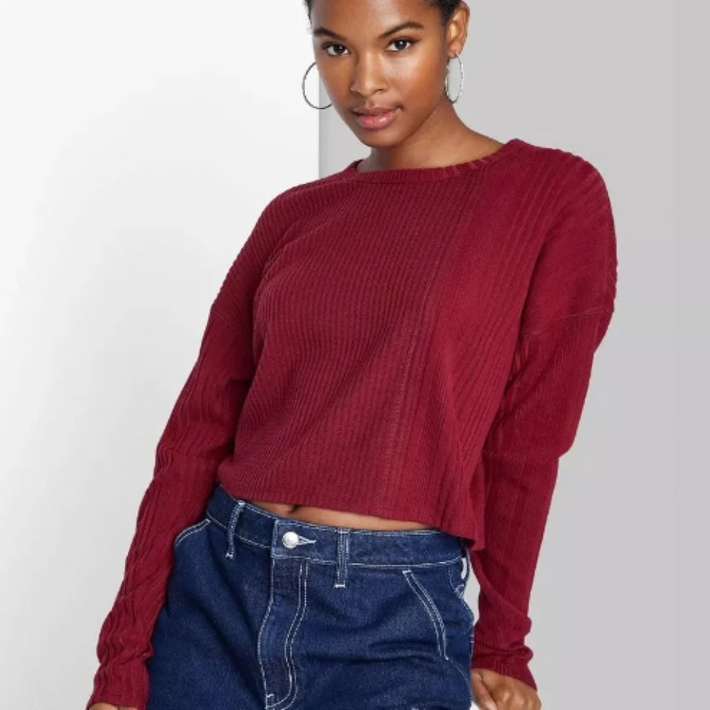 Wild Fable™ - Women's Long Sleeve Boxy Cropped T-Shirt Size XS Berry Red